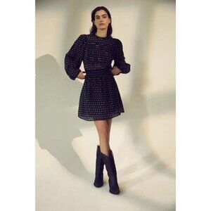 Melissa Nepton women's small black floral Robe Mona peasant smocked mini dress‎